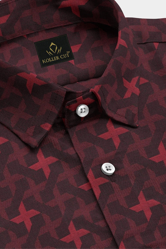 Rococo Red and Jet Black Ninja Shuriken Jacquard Print Egyptian Giza Cotton Shirt