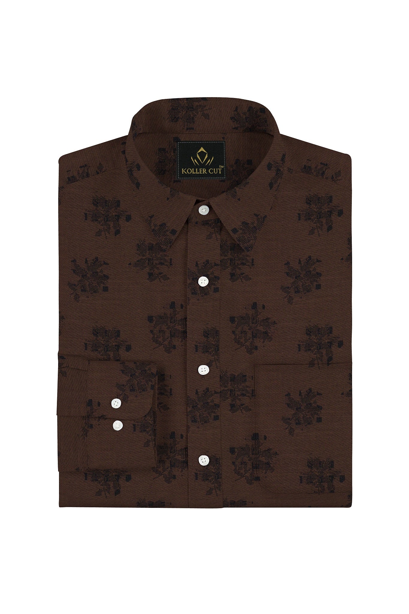 Umber Brown and Black Flower Jacquard Print Egyptian Giza Cotton Shirt- Plus size Cotton Shirt in India