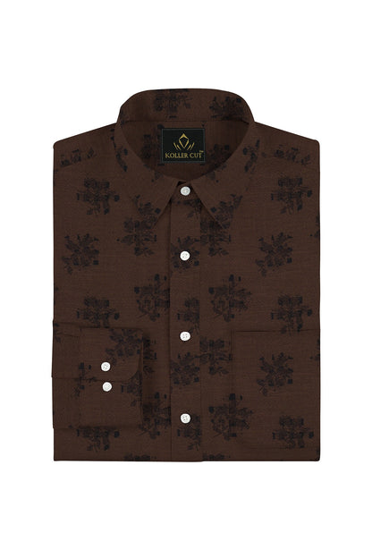 Umber Brown and Black Flower Jacquard Print Egyptian Giza Cotton Shirt- Plus size Cotton Shirt in India