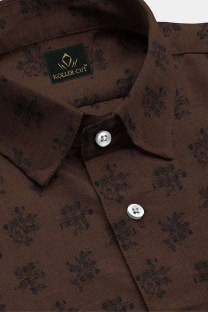 Umber Brown and Black Flower Jacquard Print Egyptian Giza Cotton Shirt- Plus size Cotton Shirt in India