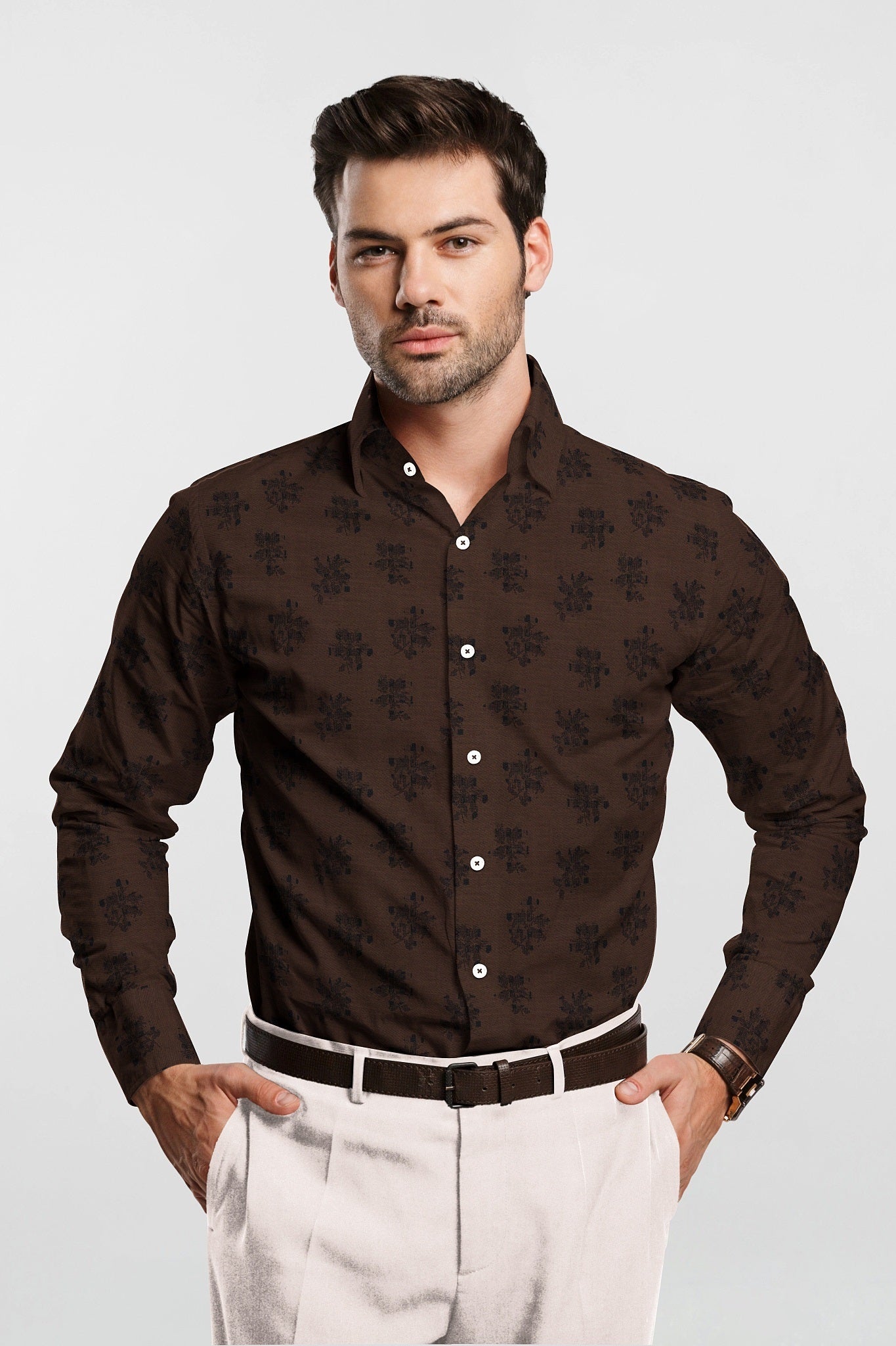 Umber Brown and Black Flower Jacquard Print Egyptian Giza Cotton Shirt- Plus size Cotton Shirt in India