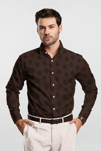 Umber Brown and Black Flower Jacquard Print Egyptian Giza Cotton Shirt- Plus size Cotton Shirt in India