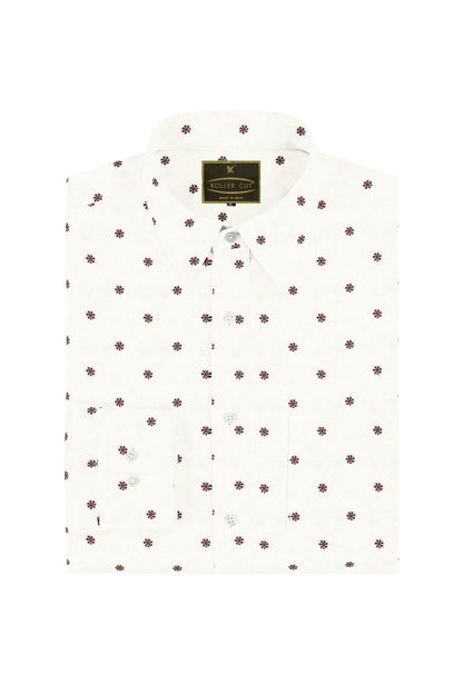 Pearl White with Cinnamon Brown Swirl Round Printed Cotton Shirt