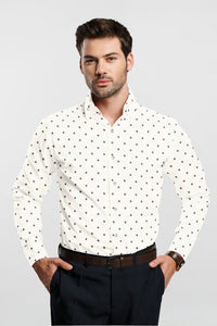 Pearl White with Cinnamon Brown Swirl Round Printed Cotton Shirt