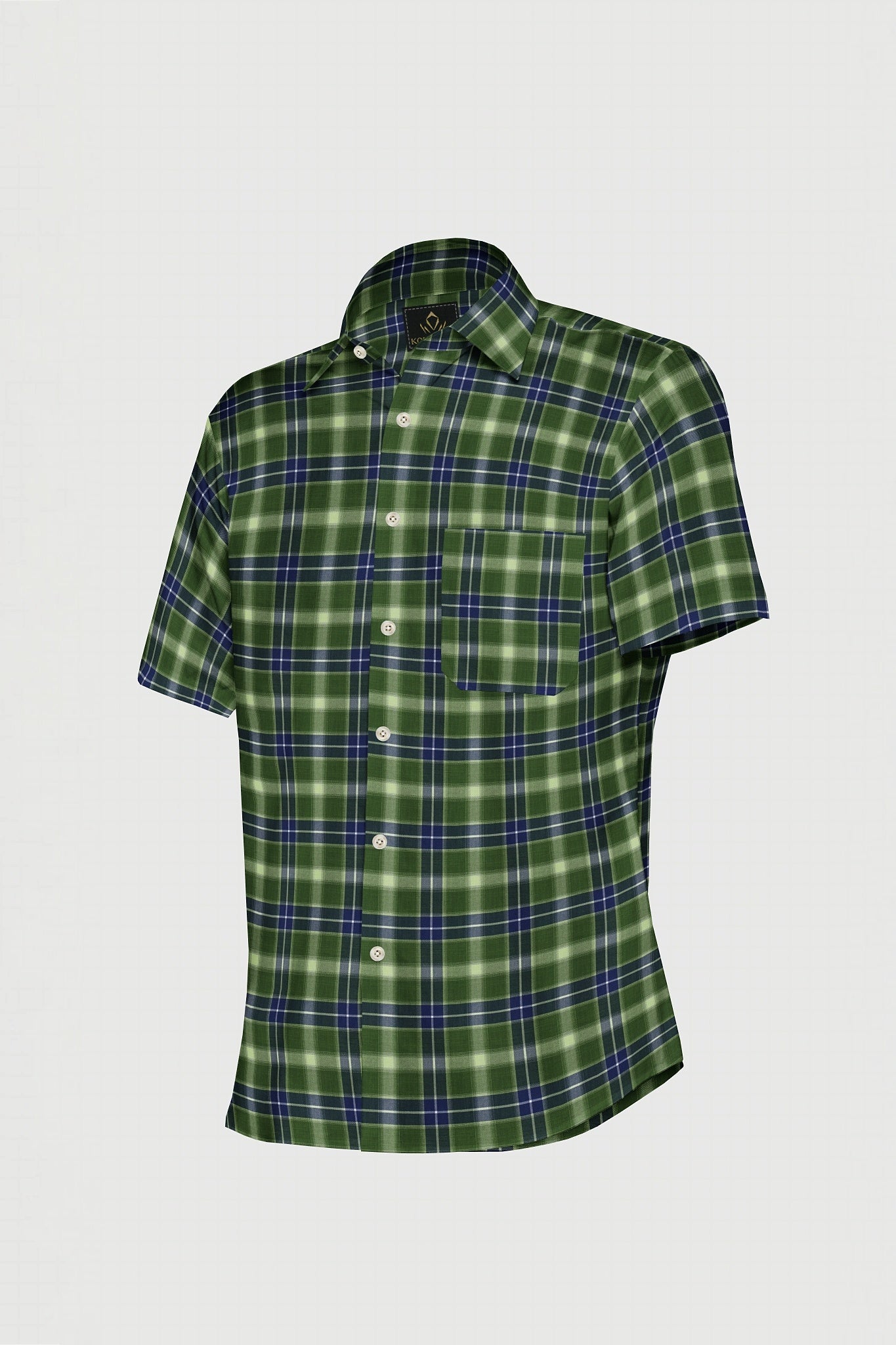 Cactus Green with Lapis Blue and White Checks Cotton Shirt