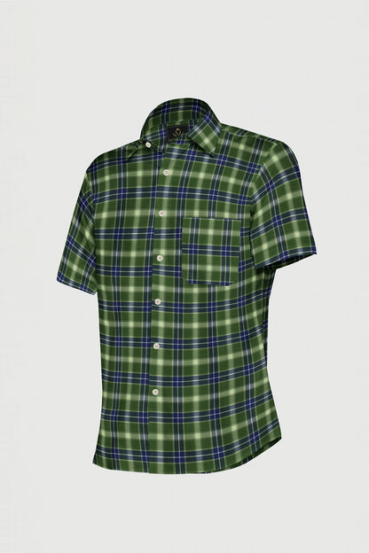 Cactus Green with Lapis Blue and White Checks Cotton Shirt