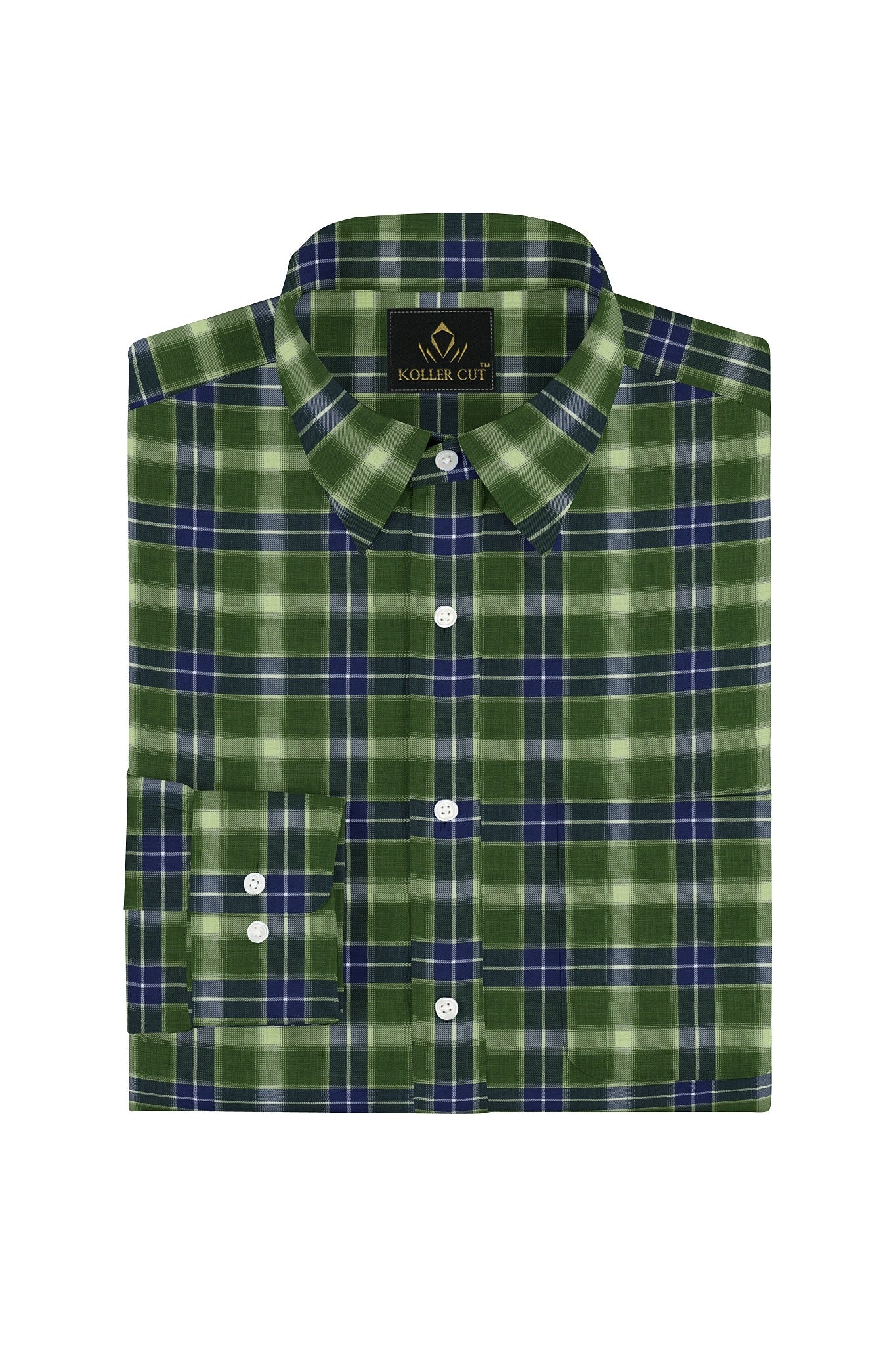 Cactus Green with Lapis Blue and White Checks Cotton Shirt