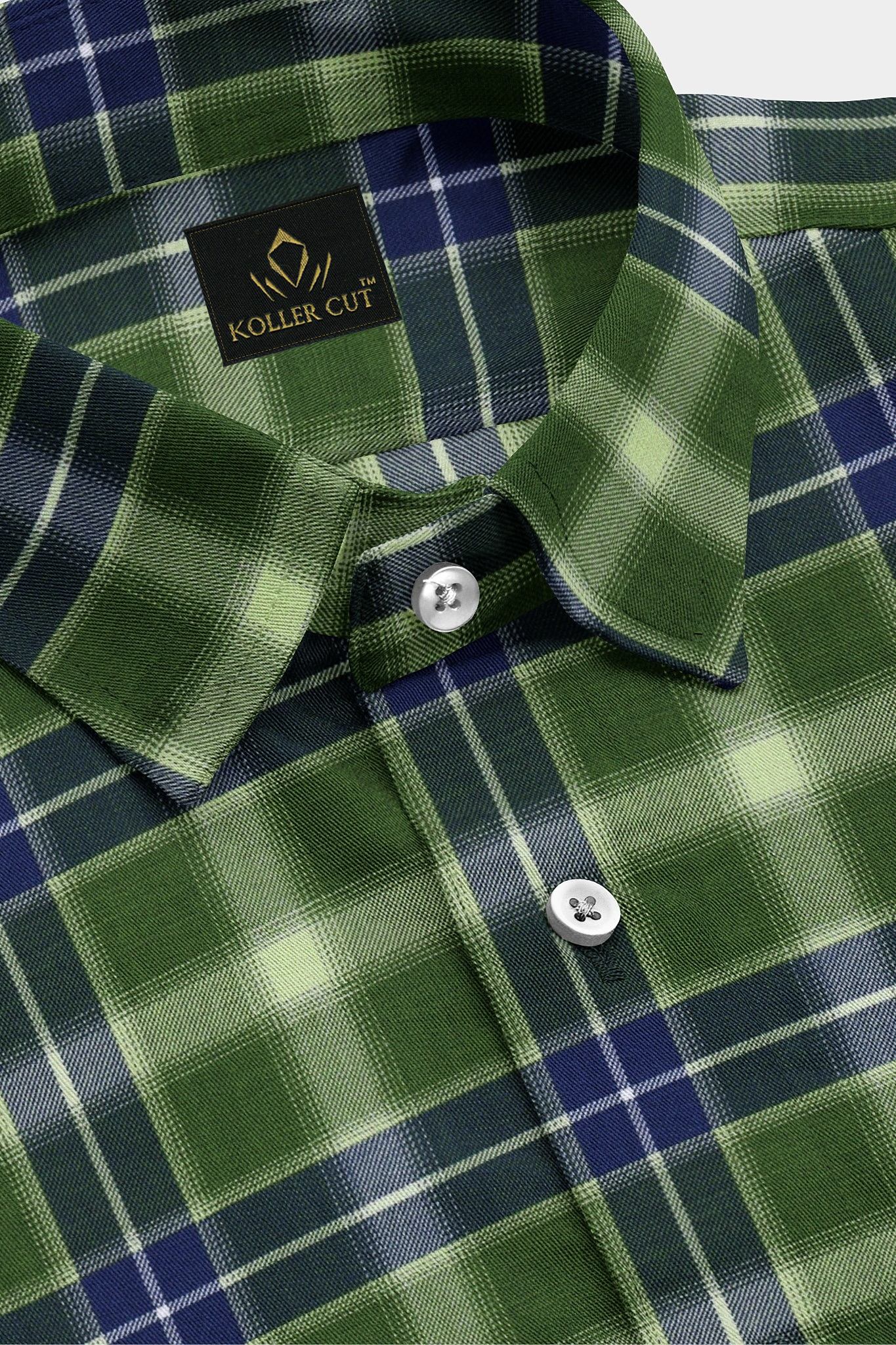 Cactus Green with Lapis Blue and White Checks Cotton Shirt