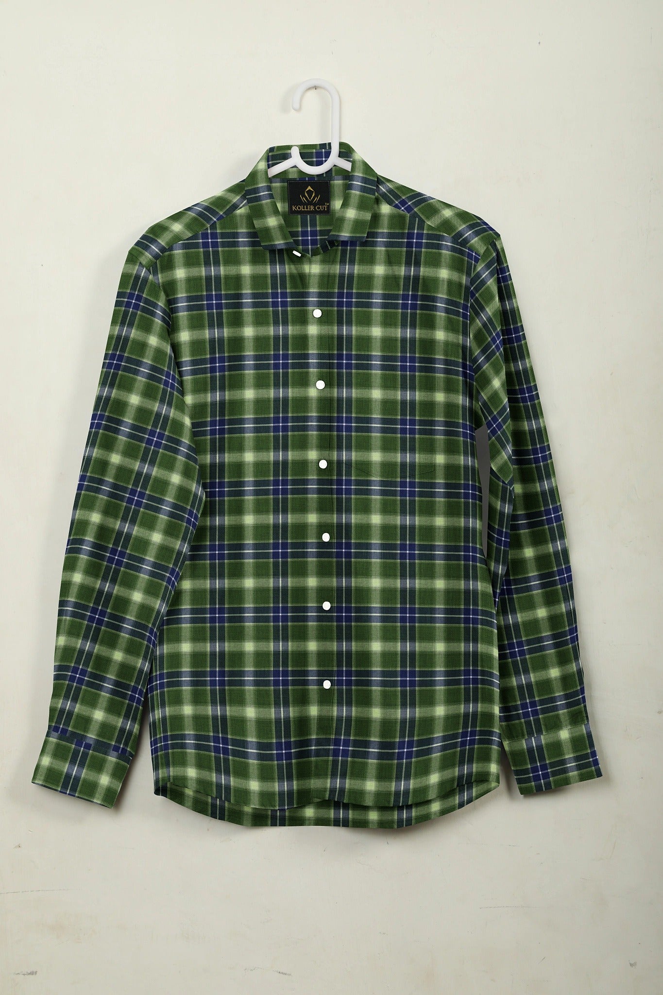Cactus Green with Lapis Blue and White Checks Cotton Shirt