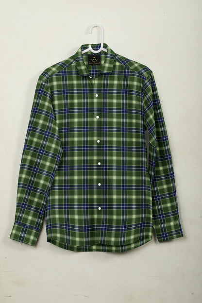Cactus Green with Lapis Blue and White Checks Cotton Shirt