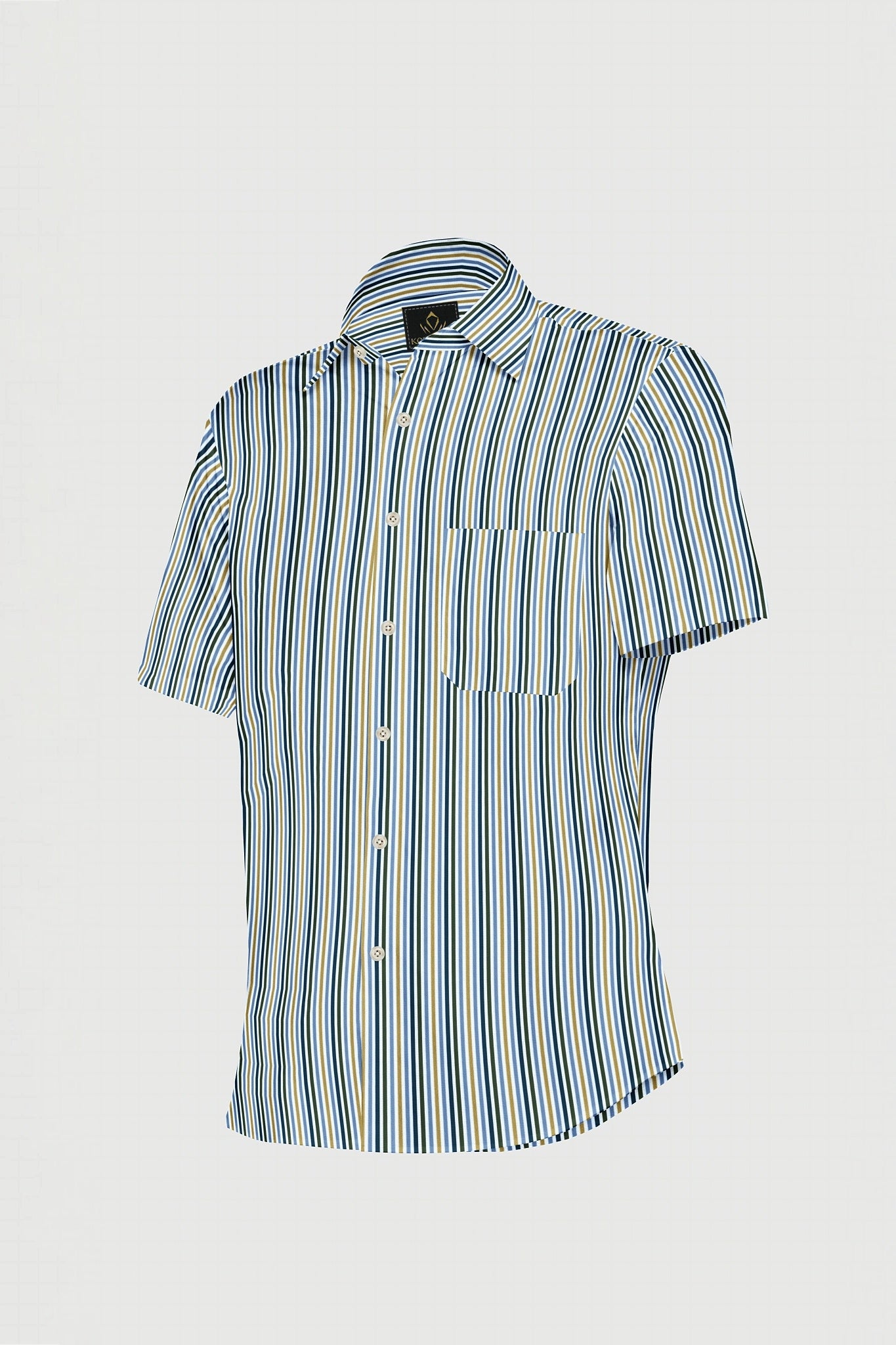 White with Lichen Blue and Lemon Yellow Multicolored Stripes Cotton Shirt