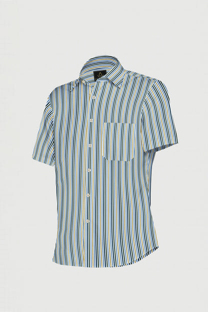 White with Lichen Blue and Lemon Yellow Multicolored Stripes Cotton Shirt