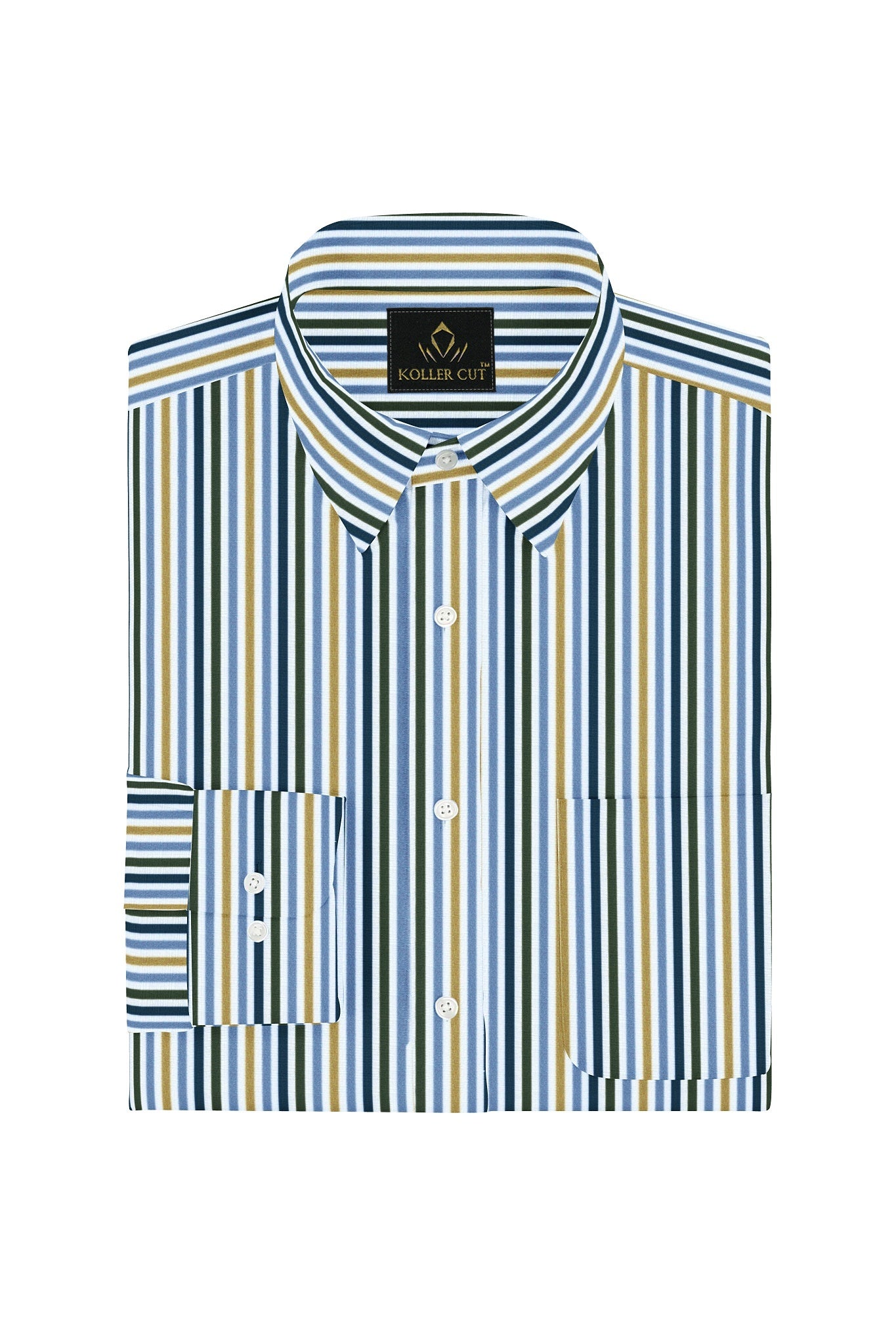 White with Lichen Blue and Lemon Yellow Multicolored Stripes Cotton Shirt