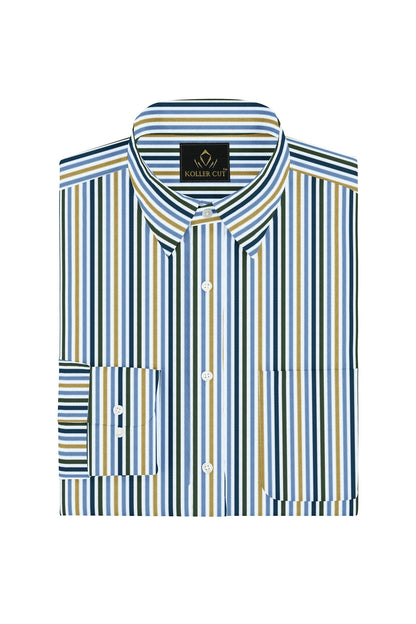 White with Lichen Blue and Lemon Yellow Multicolored Stripes Cotton Shirt
