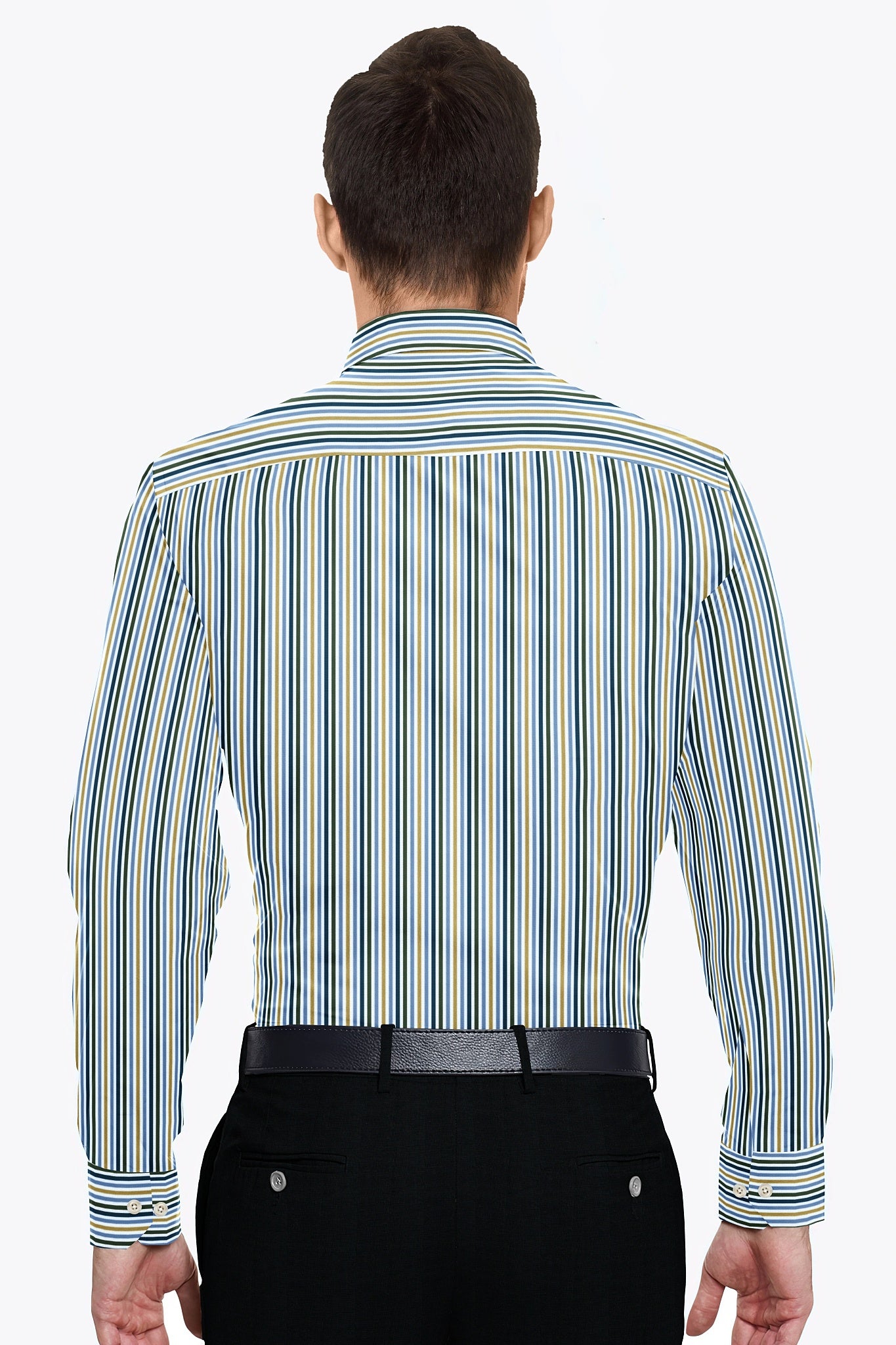 White with Lichen Blue and Lemon Yellow Multicolored Stripes Cotton Shirt