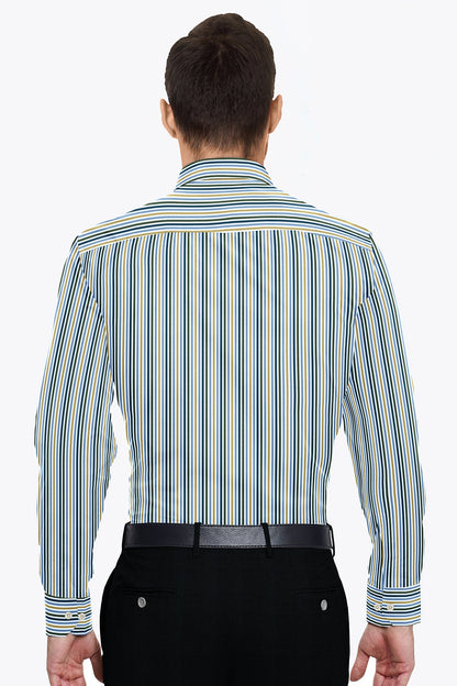 White with Lichen Blue and Lemon Yellow Multicolored Stripes Cotton Shirt