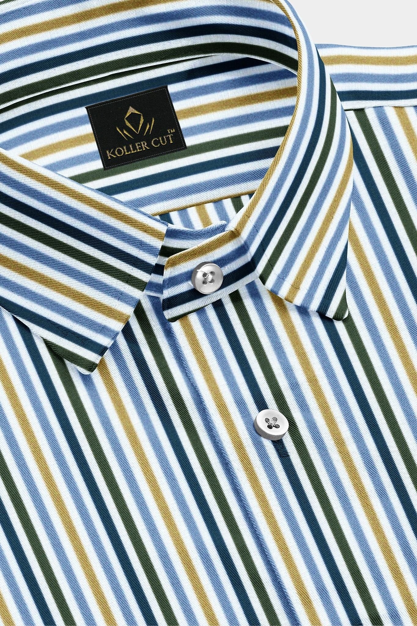 White with Lichen Blue and Lemon Yellow Multicolored Stripes Cotton Shirt