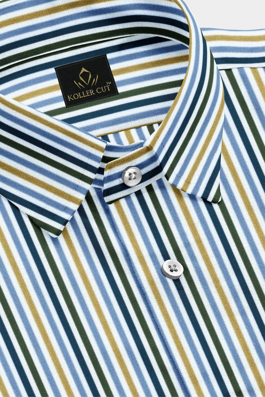 White with Lichen Blue and Lemon Yellow Multicolored Stripes Cotton Shirt
