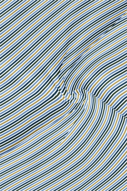 White with Lichen Blue and Lemon Yellow Multicolored Stripes Cotton Shirt