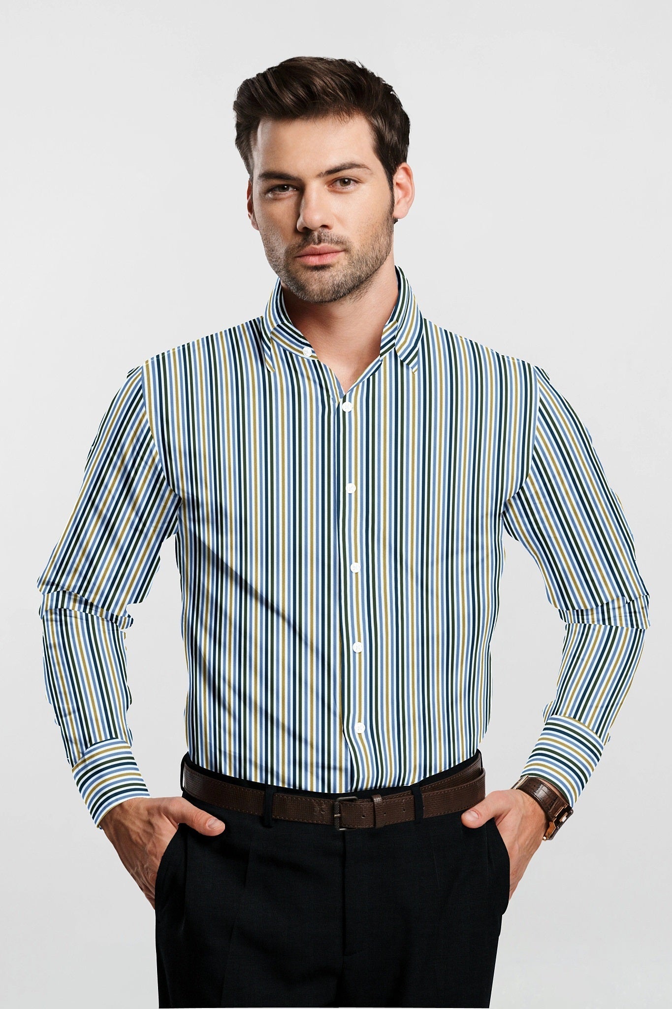 White with Lichen Blue and Lemon Yellow Multicolored Stripes Cotton Shirt