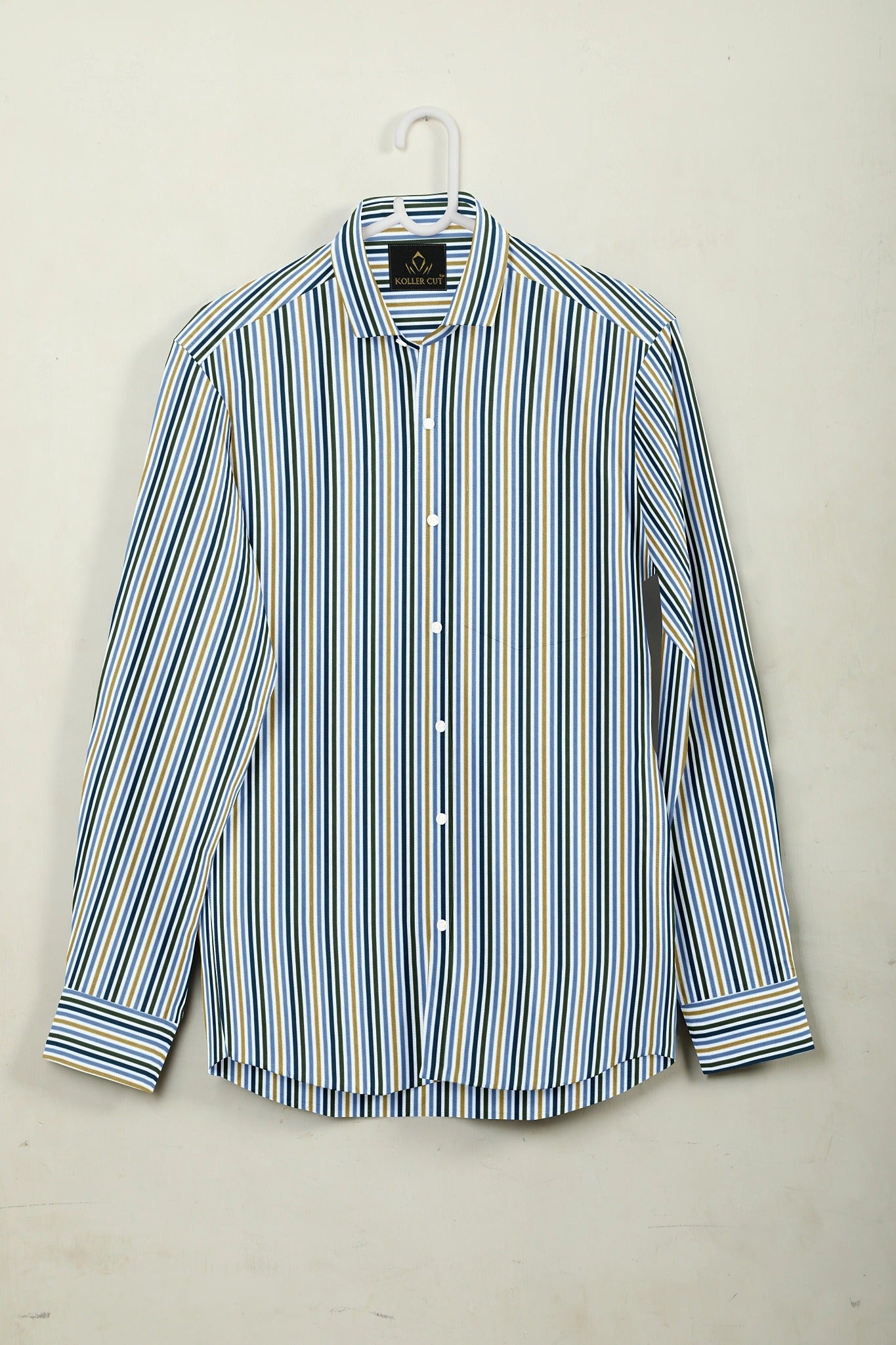 White with Lichen Blue and Lemon Yellow Multicolored Stripes Cotton Shirt