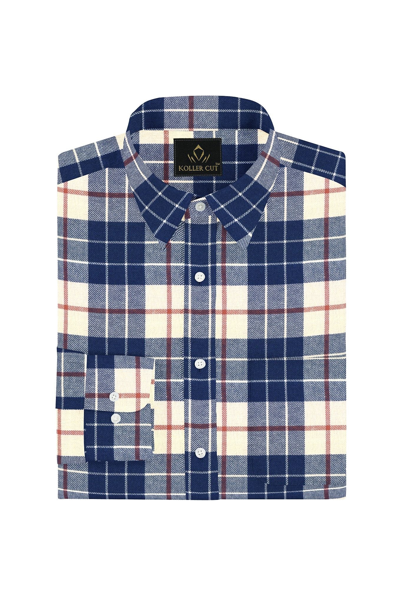 Mazarine Blue and Milk White Checks Cotton Flannel Shirt