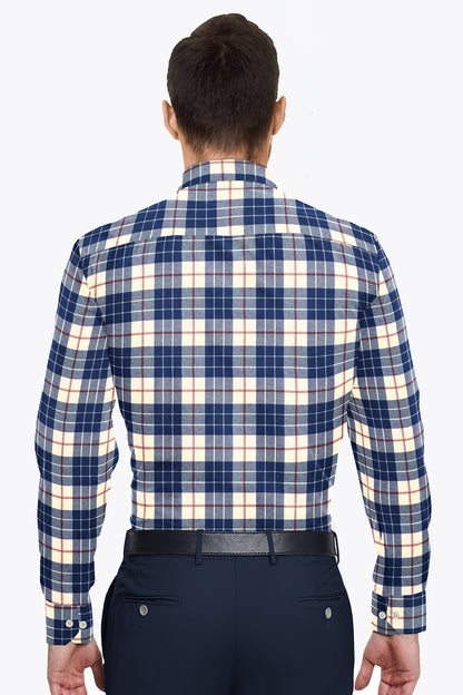 Mazarine Blue and Milk White Checks Cotton Flannel Shirt