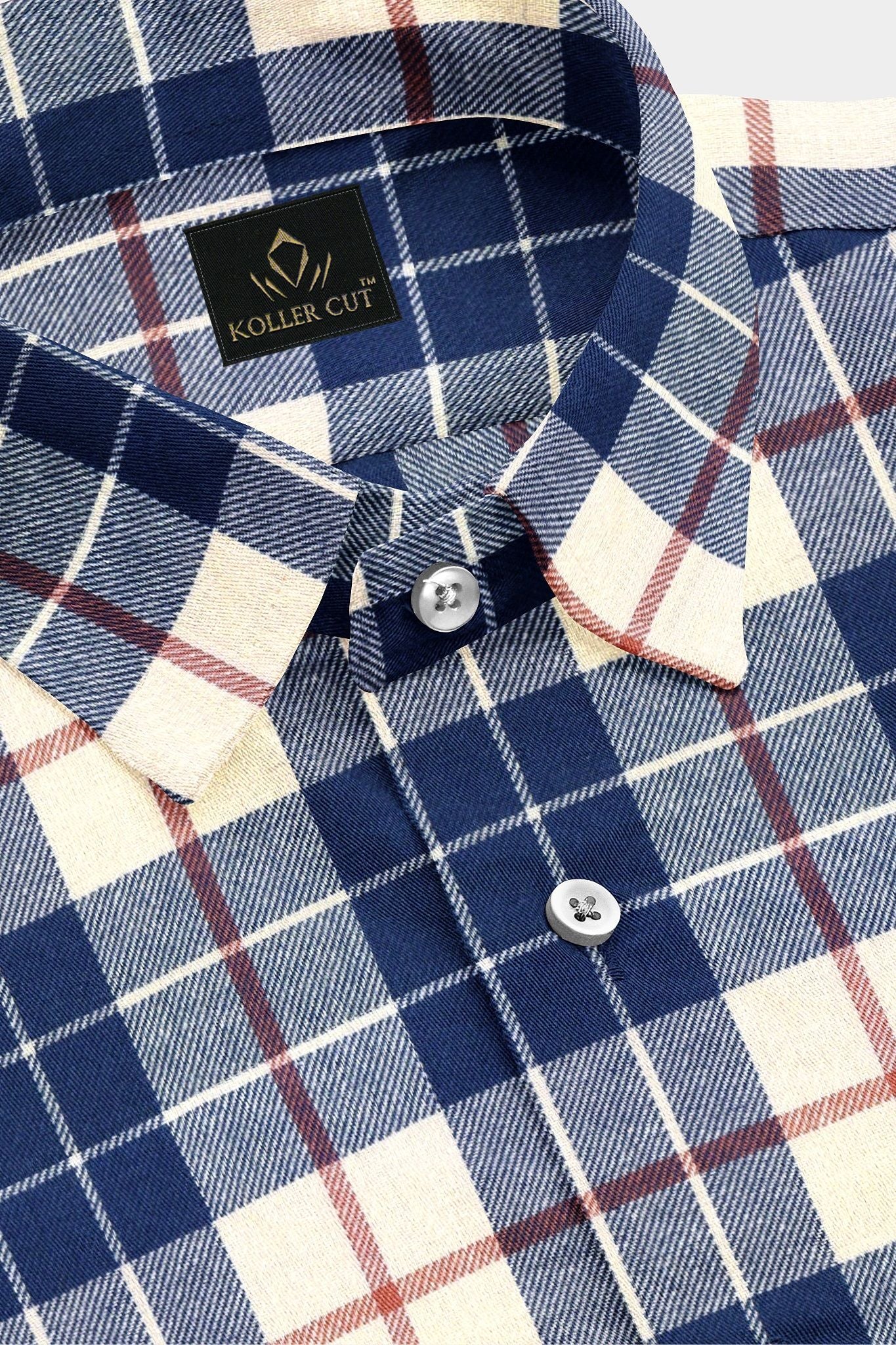 Mazarine Blue and Milk White Checks Cotton Flannel Shirt