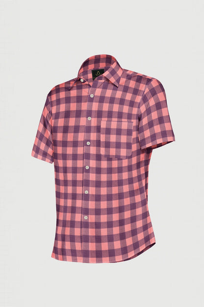 Salmon Pink and Wine Purple Checks Cotton Flannel Shirt