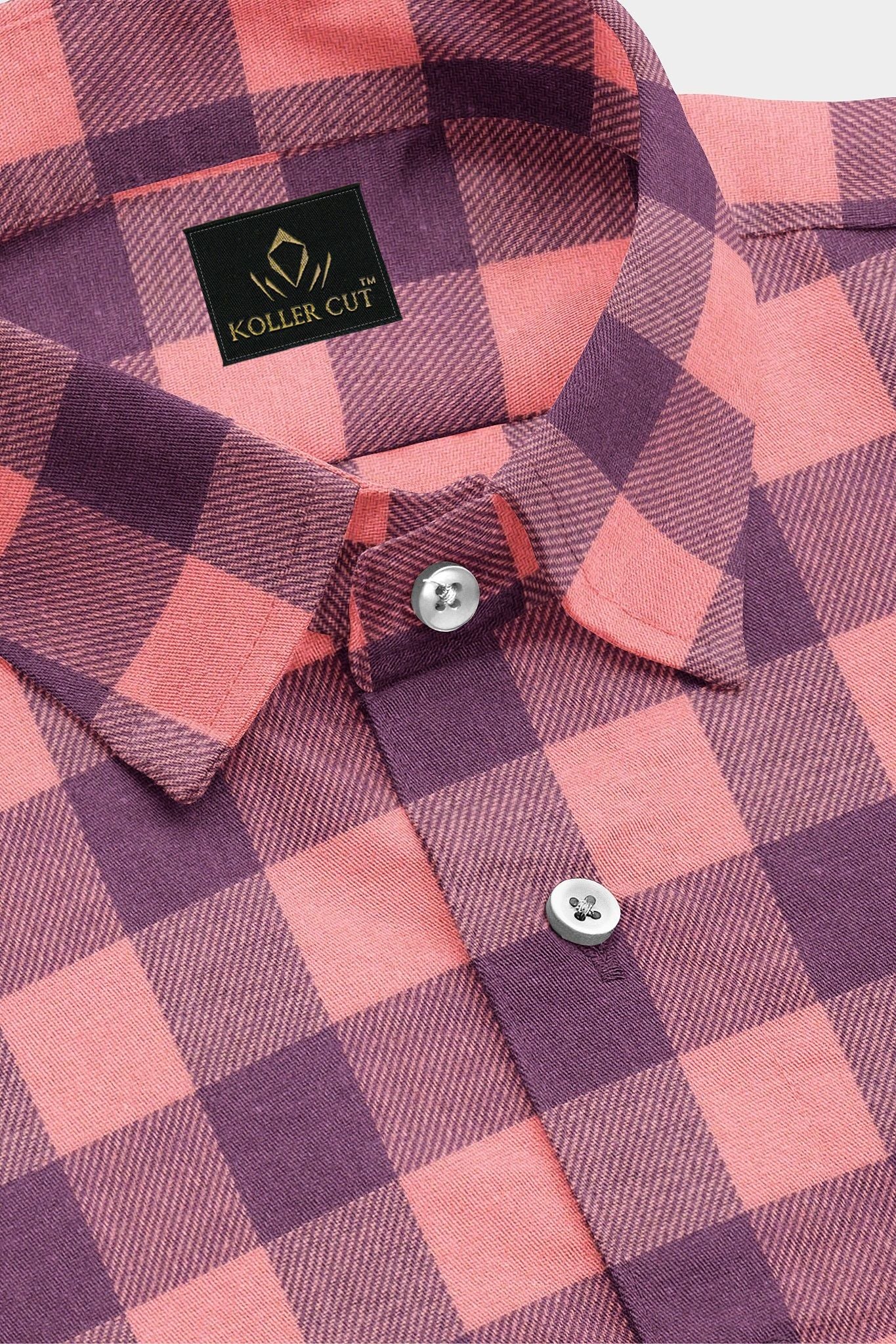 Salmon Pink and Wine Purple Checks Cotton Flannel Shirt