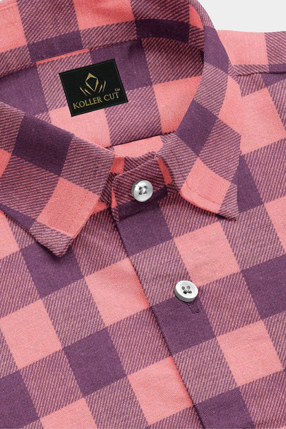 Salmon Pink and Wine Purple Checks Cotton Flannel Shirt