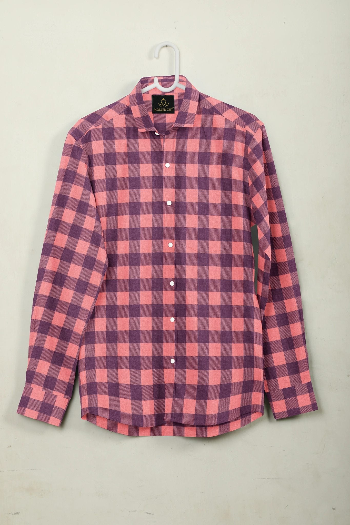 Salmon Pink and Wine Purple Checks Cotton Flannel Shirt