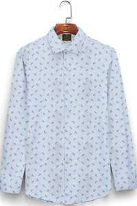White with Sky Blue Bicycle Printed Men's Cotton Shirt