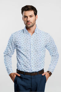 White with Sky Blue Bicycle Printed Men's Cotton Shirt