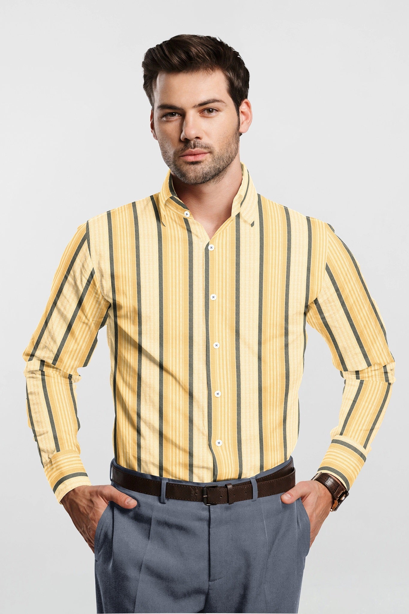 Amber Yellow and Thunder Blue Stripes Cotton Shirt Plus size cotton Shirt