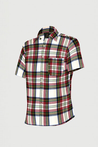 White with Cherry Red and Black Multicolored Checks Cotton Shirt
