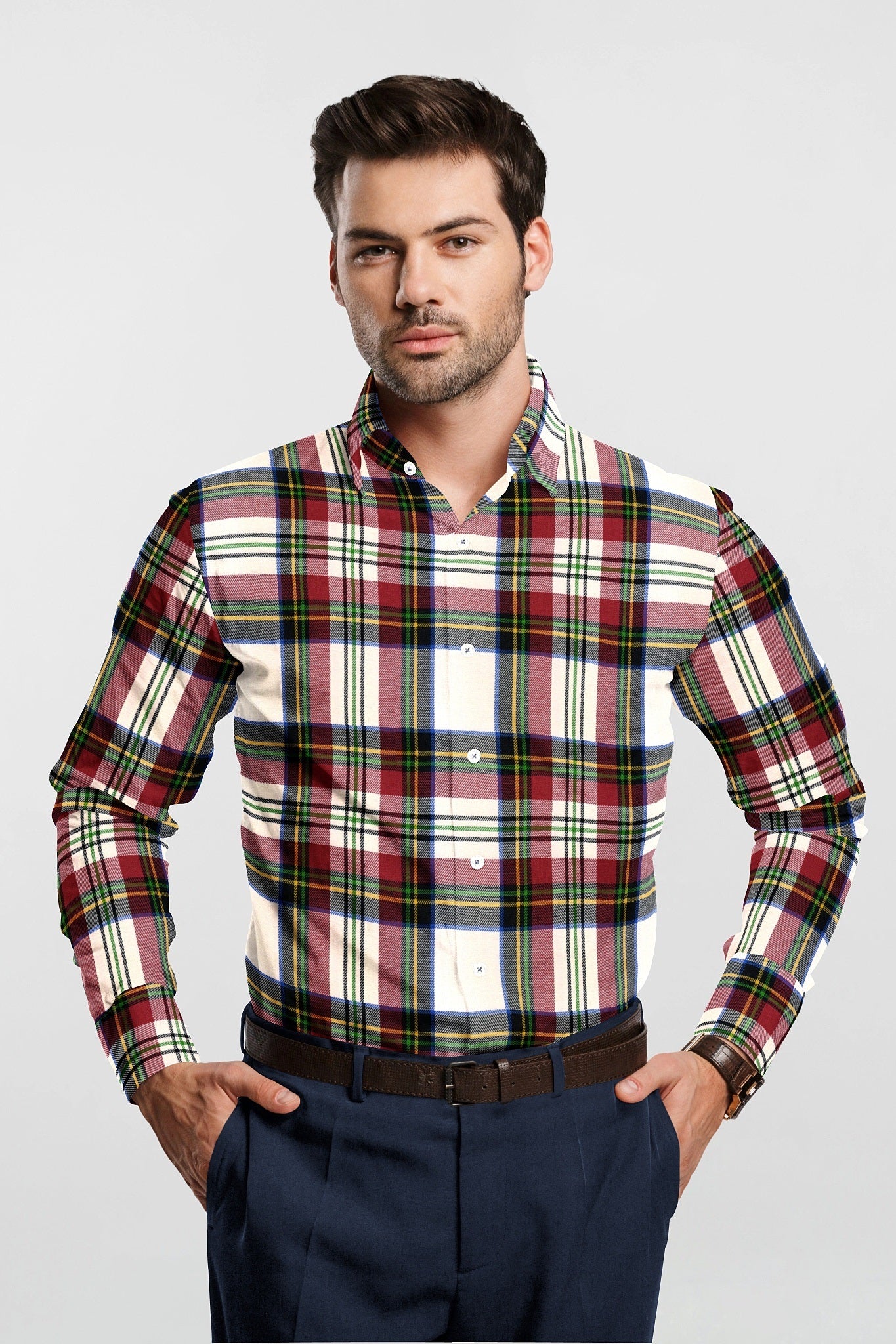 White with Cherry Red and Black Multicolored Checks Cotton Shirt
