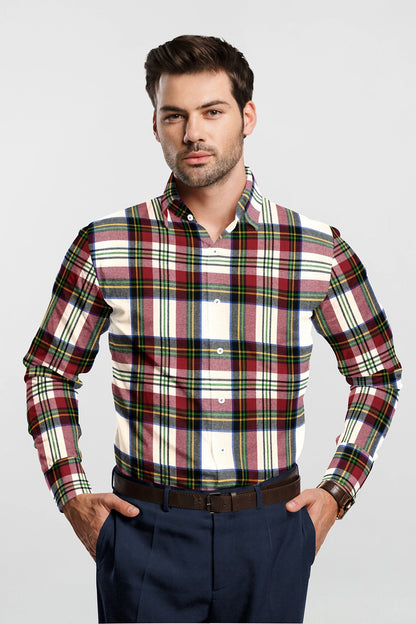White with Cherry Red and Black Multicolored Checks Cotton Shirt