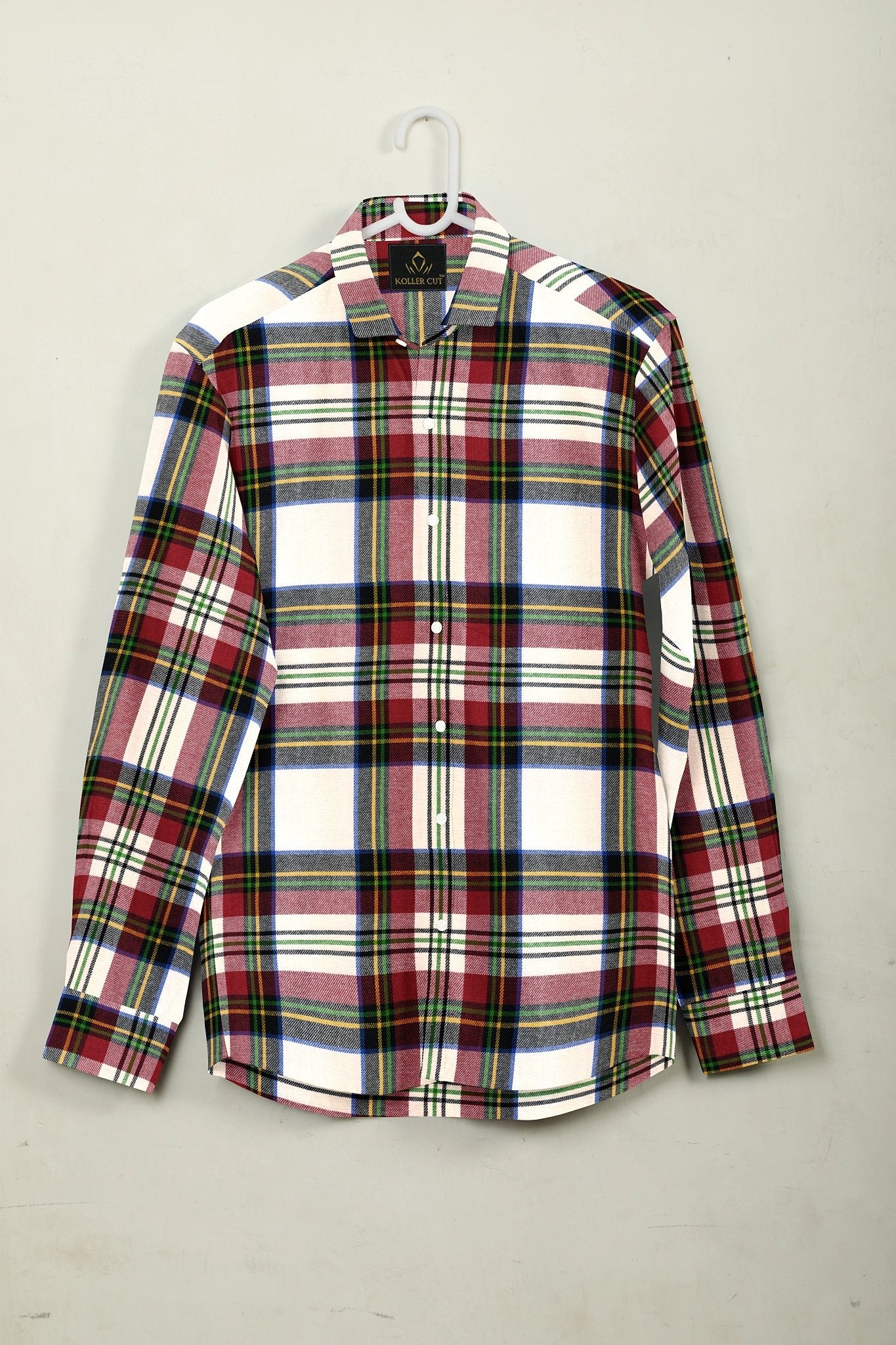 White with Cherry Red and Black Multicolored Checks Cotton Shirt