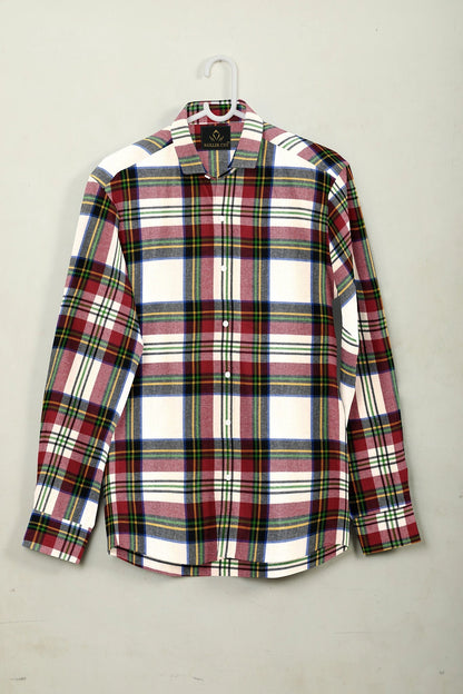 White with Cherry Red and Black Multicolored Checks Cotton Shirt