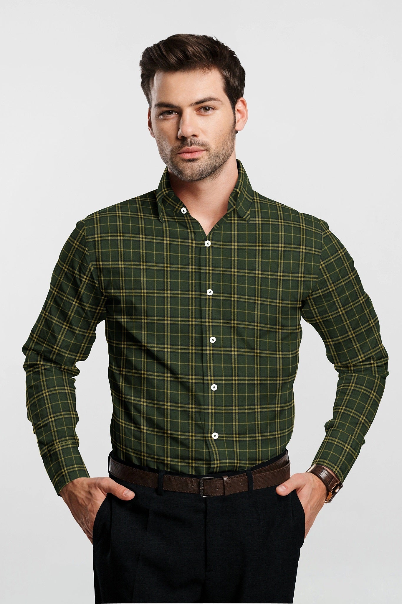Cactus Green and Citron Yellow Checks Cotton Shirt Plus size Shirt for men in India