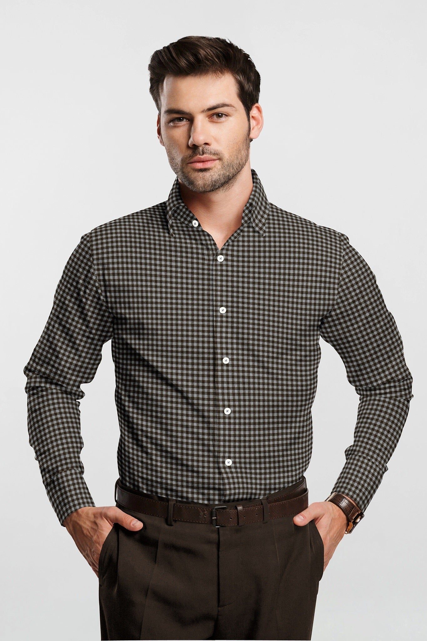 Coin Gray and Shiitake Brown Gingham Checks Cotton Shirt