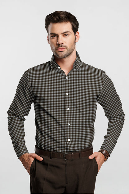 Coin Gray and Shiitake Brown Gingham Checks Cotton Shirt