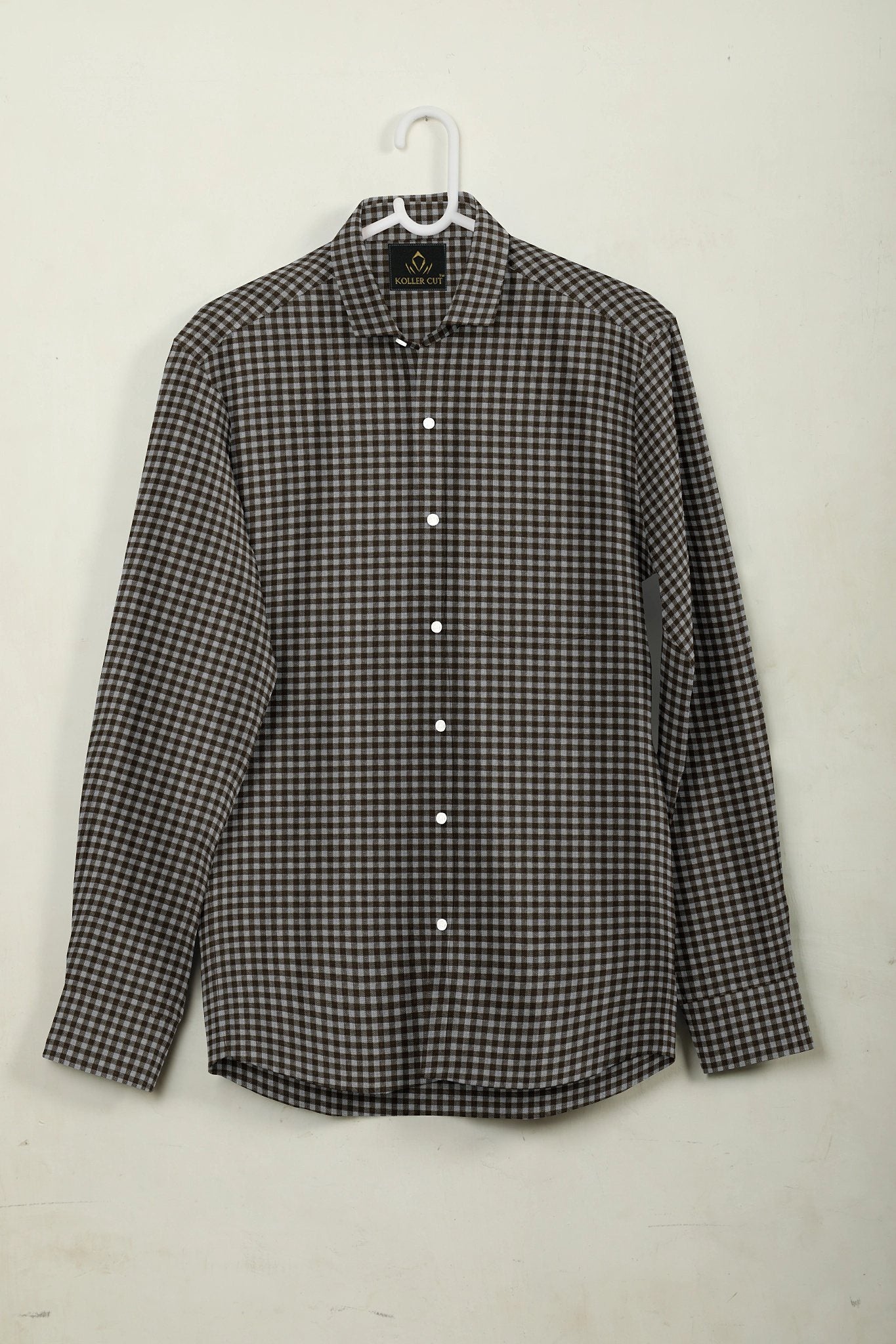 Coin Gray and Shiitake Brown Gingham Checks Cotton Shirt