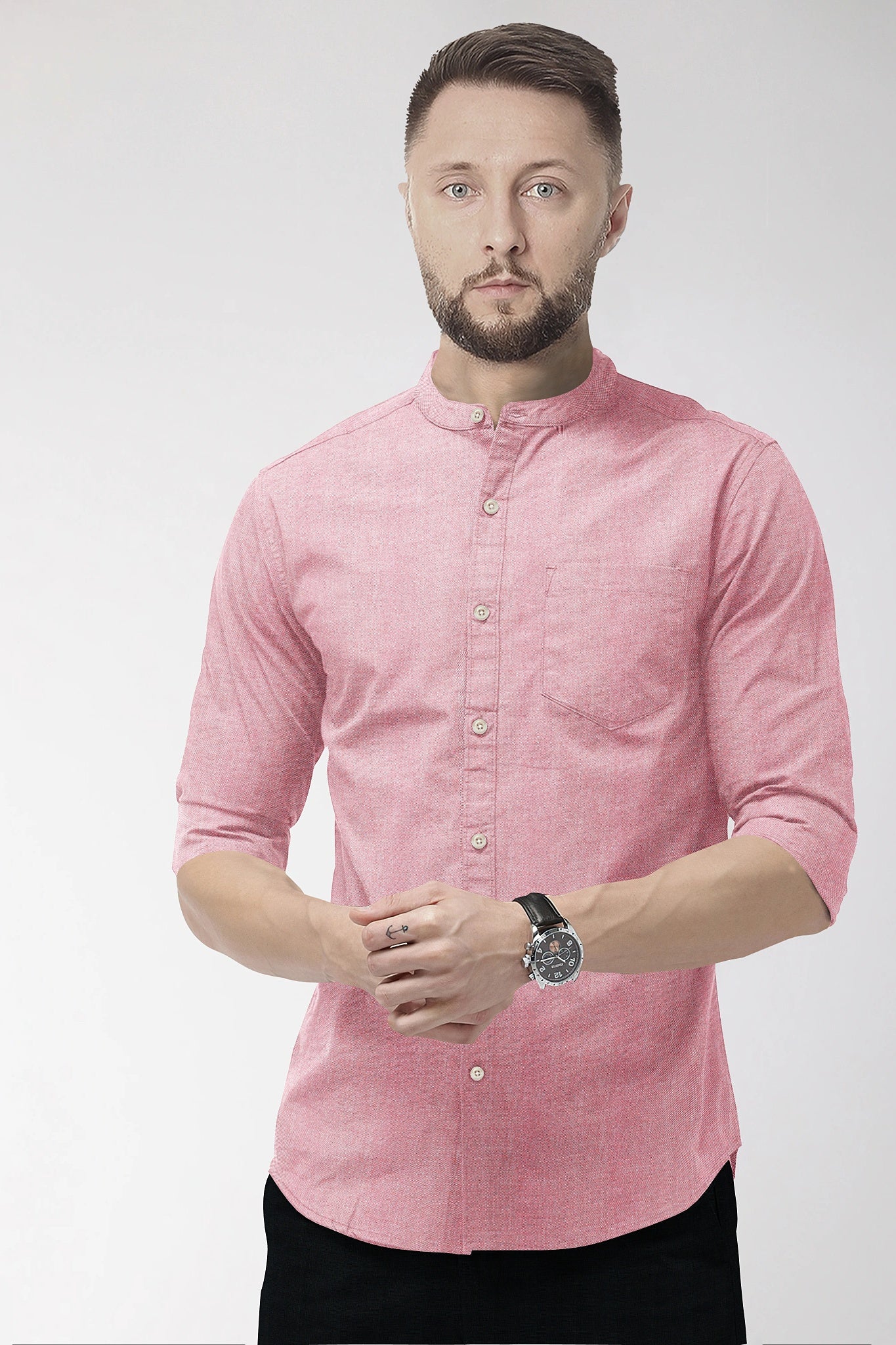 Persian Red and White Mandarin Collar Oxford Plain Cotton Shirt