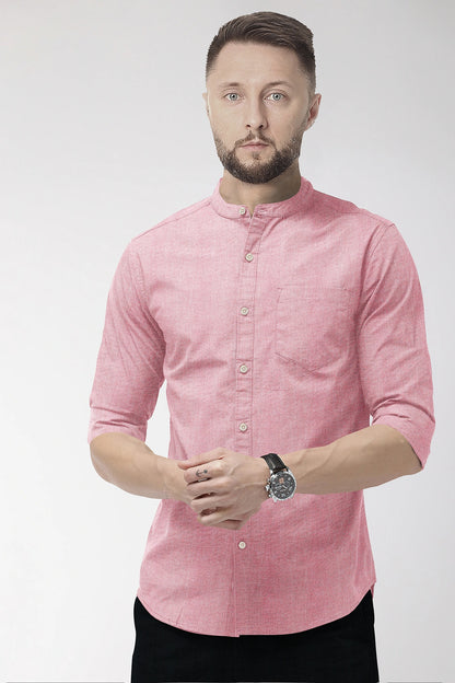 Persian Red and White Mandarin Collar Oxford Plain Cotton Shirt