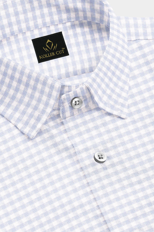 White with Ice Blue Jacquard Gingham Checks Premium Cotton Shirt