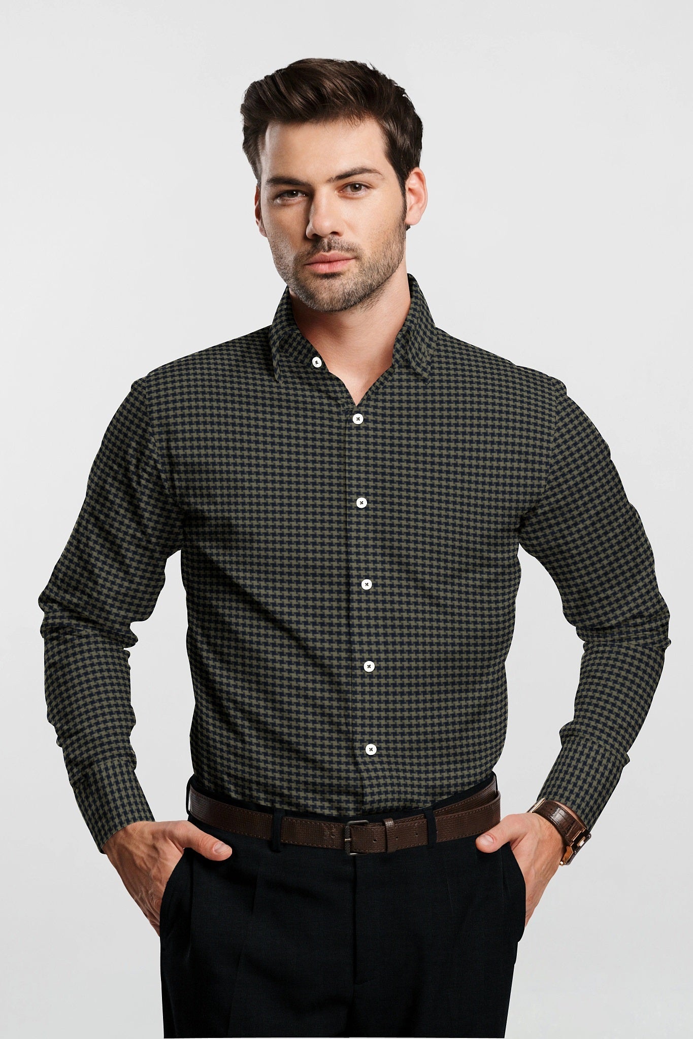 Estate Blue and Burnished Gold Jacquard Checks Egyptian Giza Cotton Shirt