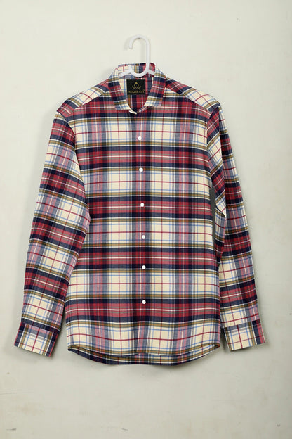 Cream with Cherry Red and Midnight Blue Checks Cotton Shirt