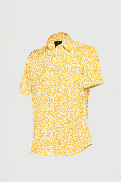 White and Daffodil Yellow Flower Printed Cotton Shirt